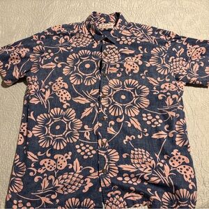 Kahala Original Hawaiian Blue & Pink Floral Design - Button Up, Short Sleeve